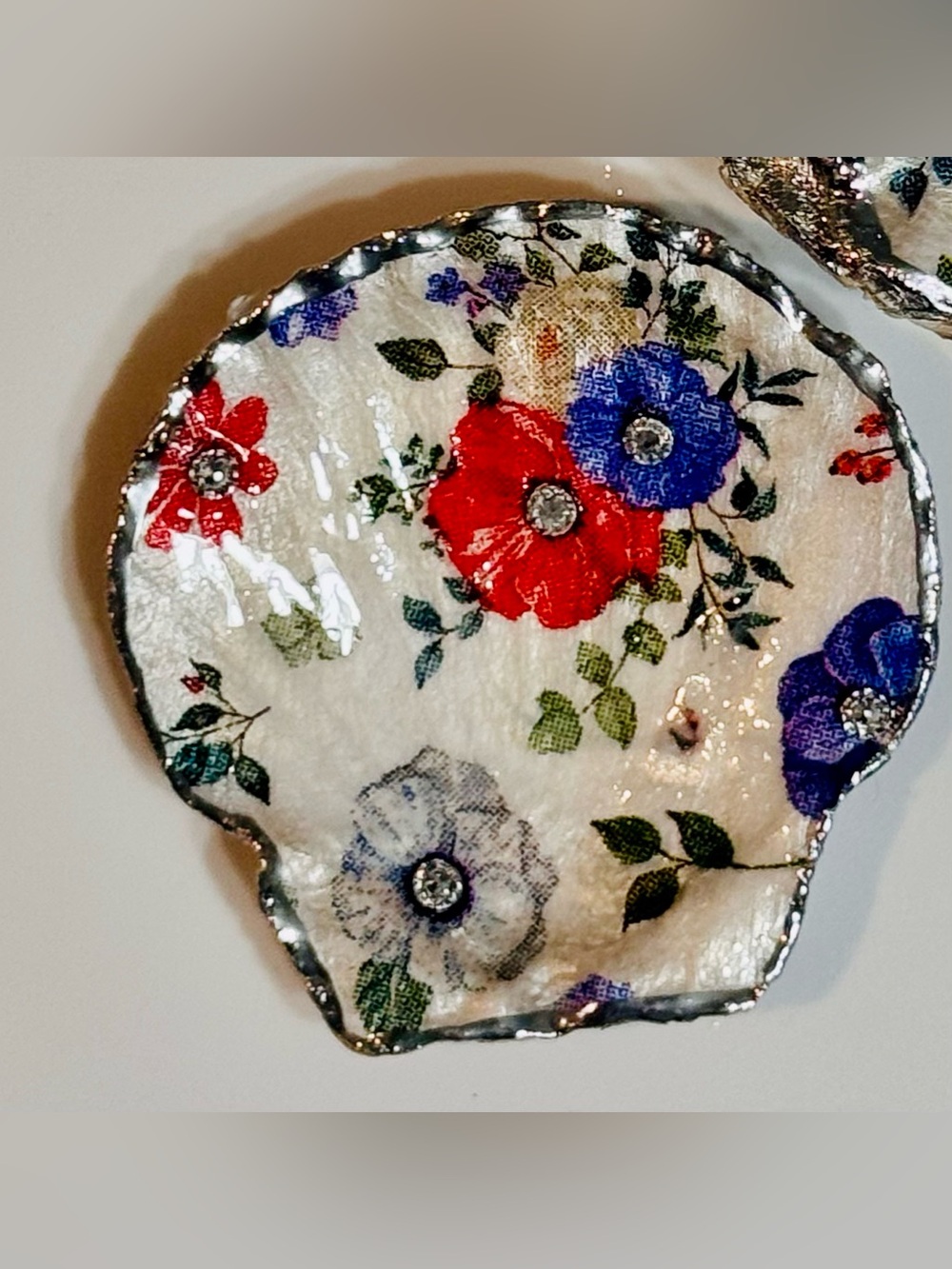 Floral Decorative Shell Dish in White with Red & Blue Accents - Fourth of July